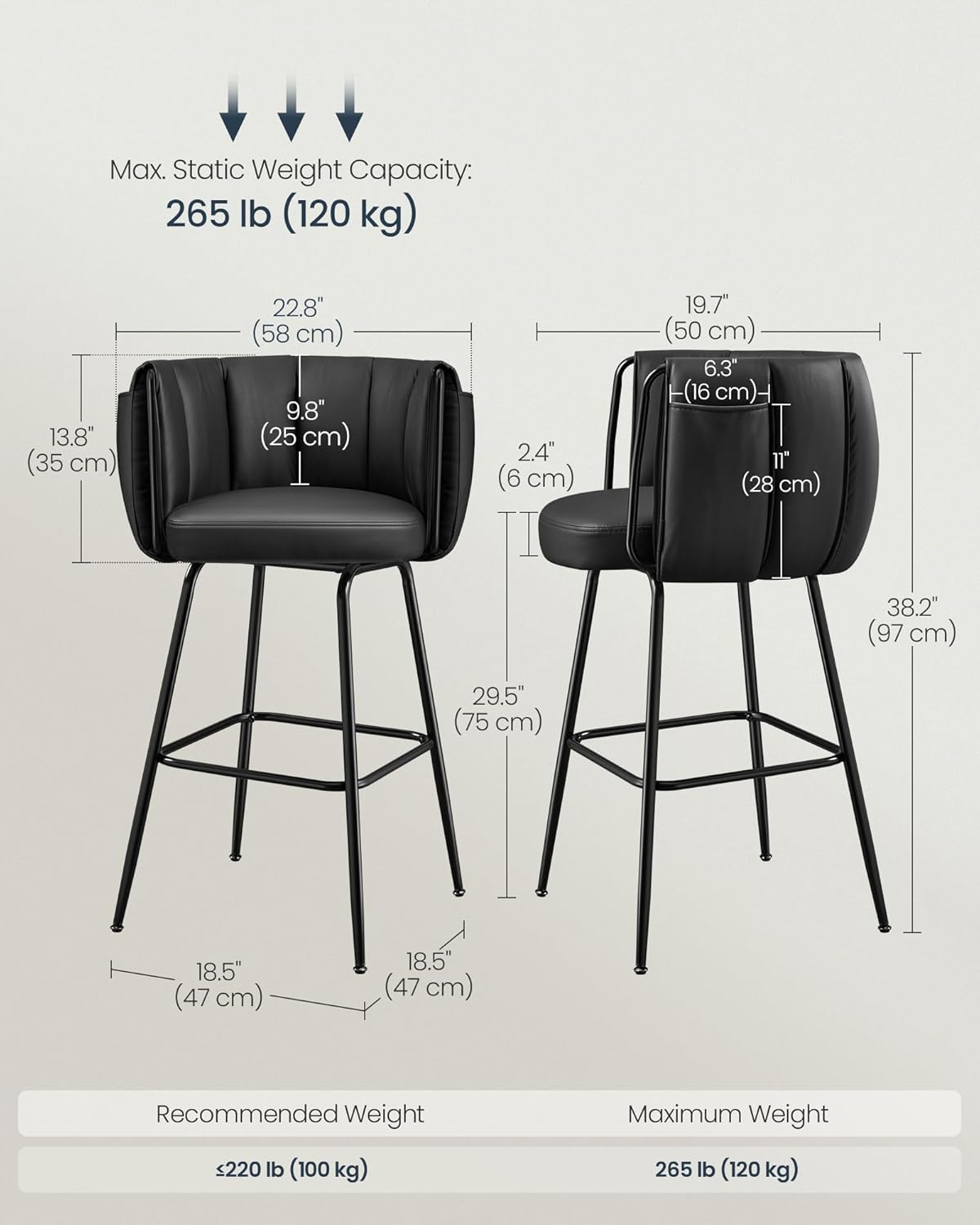 SONGMICS HOME 360° Swivel Bar Stools Set of 2, Barstools with Curved Back, Upholstered Counter Bar Stools with Footrest, Metal Tapered Legs, for Kitchen Island, Dining Room, Ink Black ULBC123B02