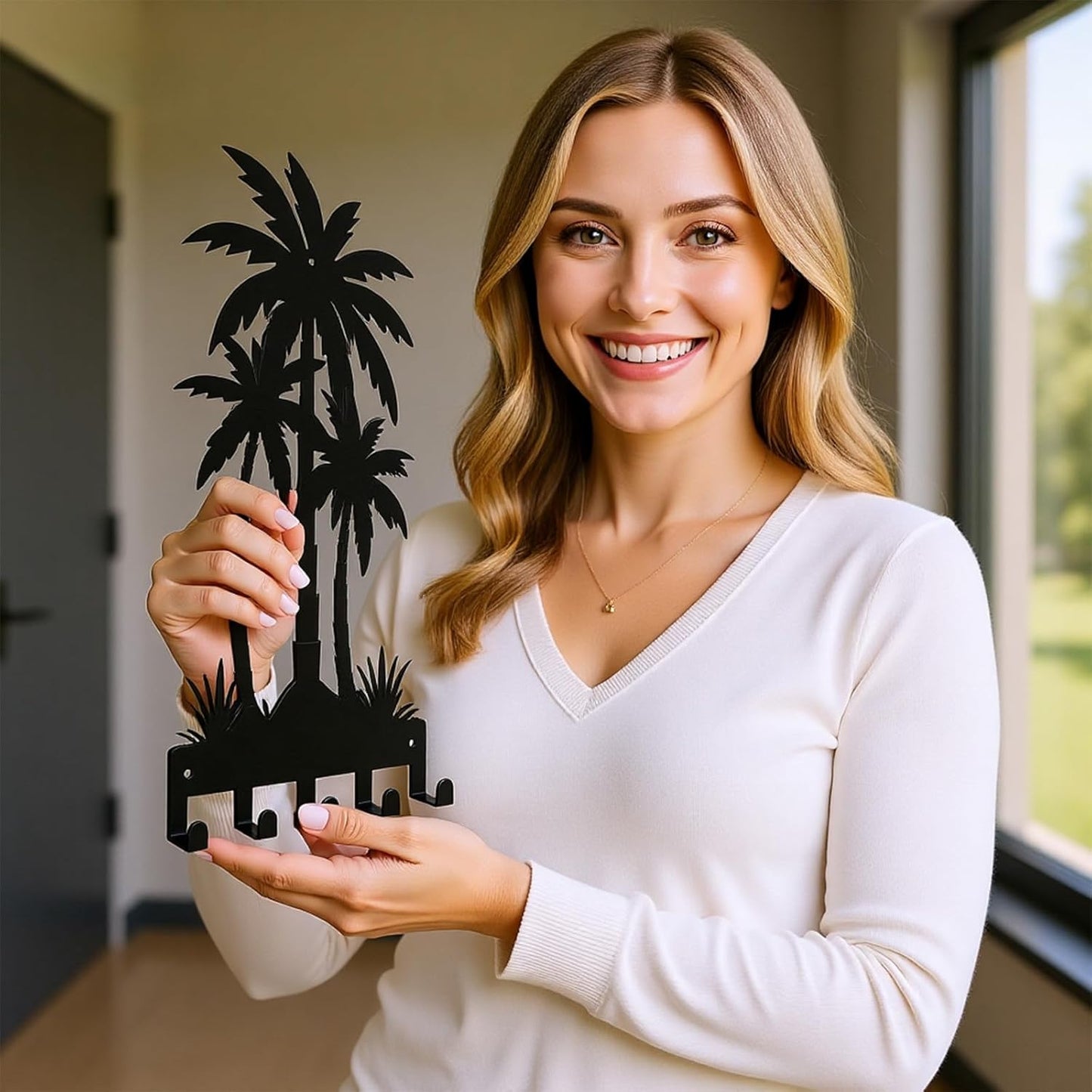 Black Metal Key Holder for Wall,Coconut Trees Key Hooks Wall Mount Whith 5 Hooks,Tropical Style Key Hanger Wall Decor for Front Door,Hallway,Entryway,Office