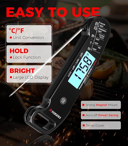 Professional Food & Meat Thermometer, 1 Sec Instant Read & ±0.5℉ Accuracy Driven by Thermocouple Sensor. IP67 Waterproof Digital Thermometer for Cooking, BBQ, Grill Gifts for Men Him Dad Birthday
