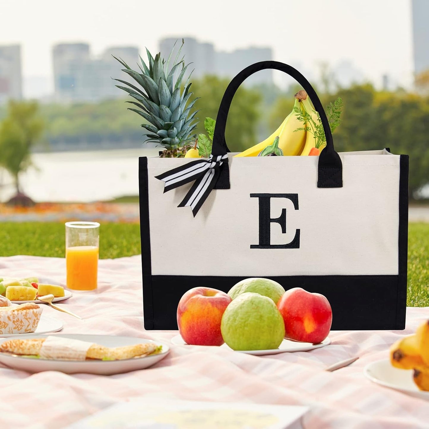 TOPDesign Embroidery Initial Canvas Tote Bag, Personalized Present Bag, Suitable for Wedding, Birthday, Beach, Holiday, is a Great Gift for Women, Mom, Teachers, Friends, Bridesmaids (Letter E)