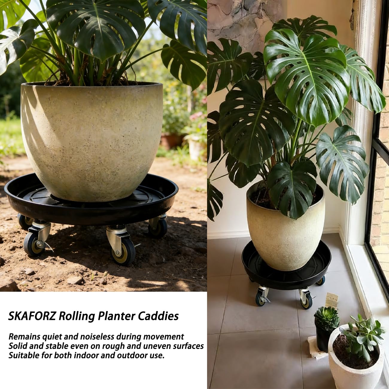 SKAFORZ Rolling Planter Caddy(570lbs Capacity), Heavy Duty Metal Plant Stand with Brake Wheels Plant Dolly Mover Plant Pot Tray Saucer for Indoor Outdoor 20 Inches Black