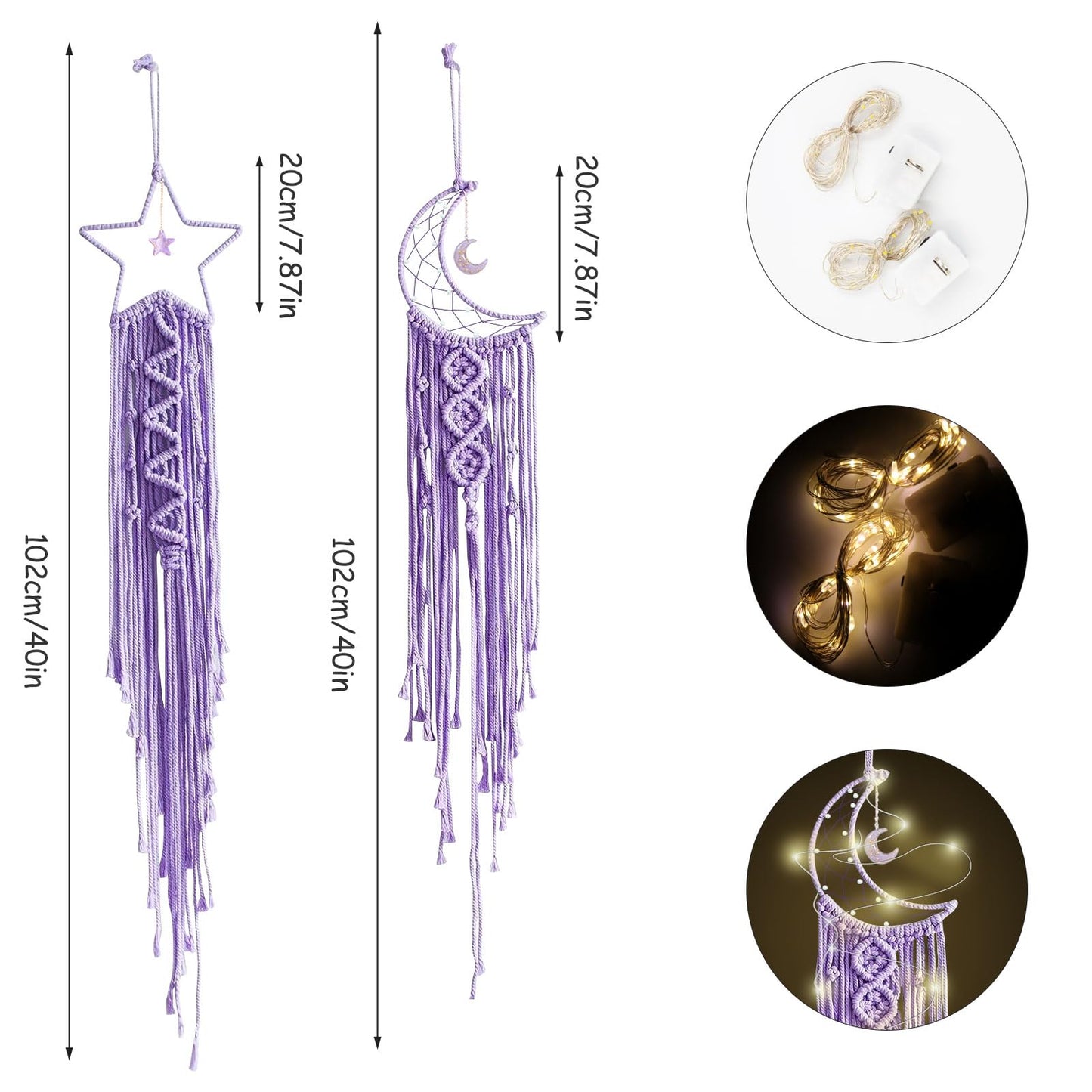 Moon Star Dream Catcher Decor,2pcs Boho Home Moon Star Dreamcatcher,Macrame Wall Hanging Boho Home Decor for Kids Baby Bedroom Decoration for Women Girls Craft Holiday Gifts Purple