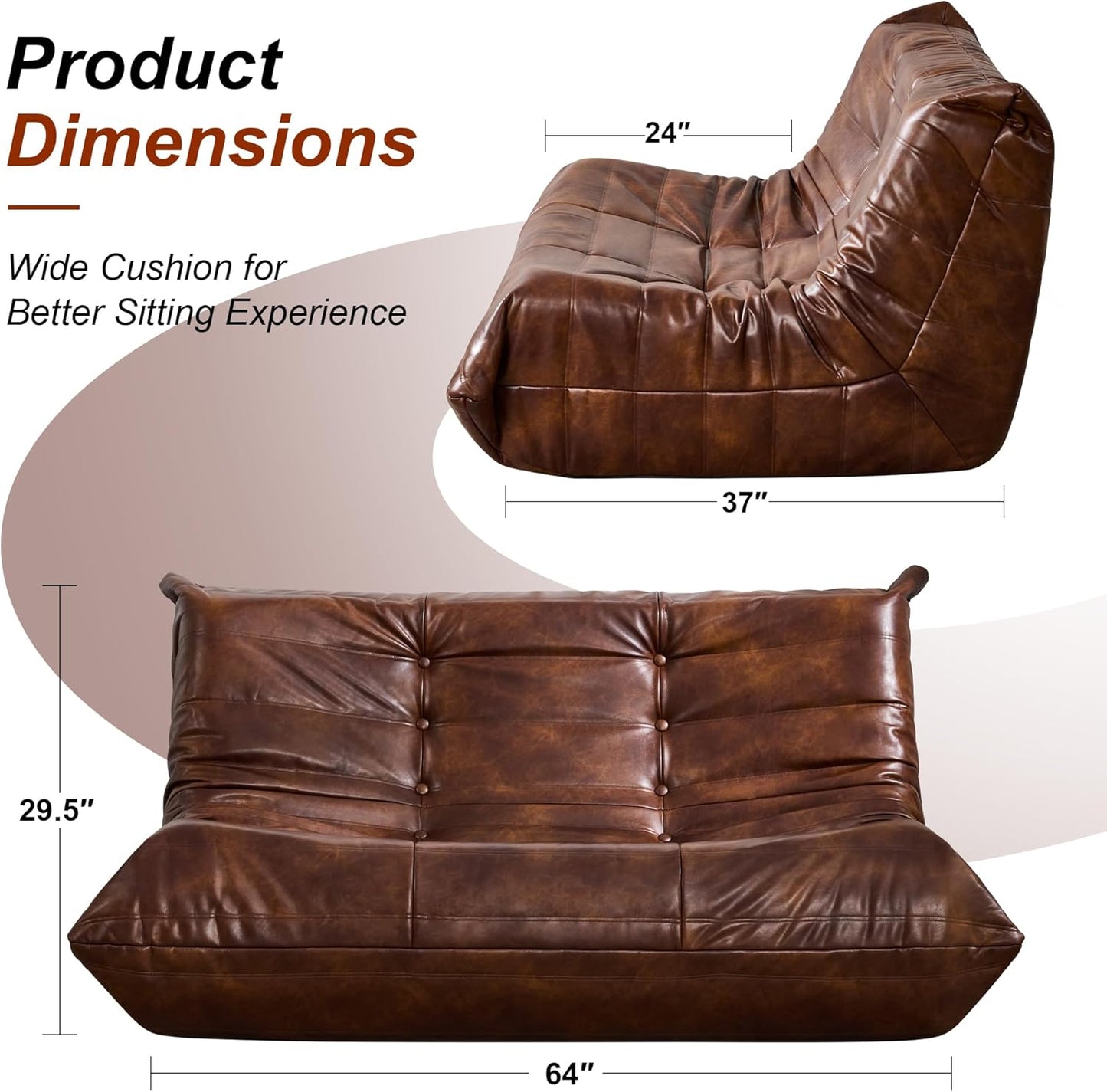 Hobestluk Bean Bag Chair Giant Bean Bag Sofa 2 Seater Bean Bag Chairs for Adults, Loveseat Floor Chair, Leather Bean Bag Chairs for Living Room Bedroom Dorm (Brown, Loveseat)