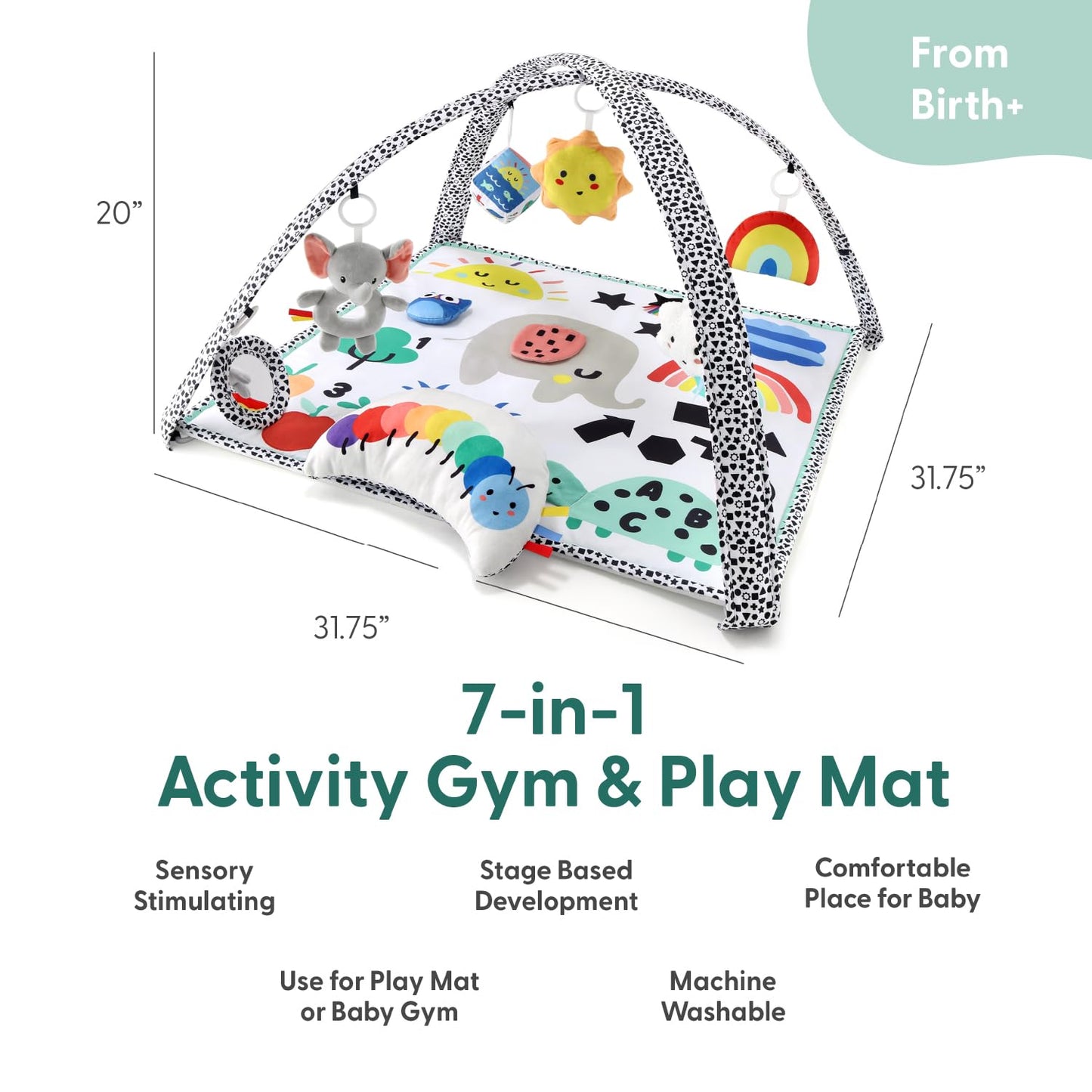 The Peanutshell Unisex Baby Play Gym & 7-in-1 Play Mat - Playmat Baby Toys 0-6, 6-12 Months Tummy Time Mat with Hanging Toys, Soft Padded for Newborns, Infants - Montessori Elephant