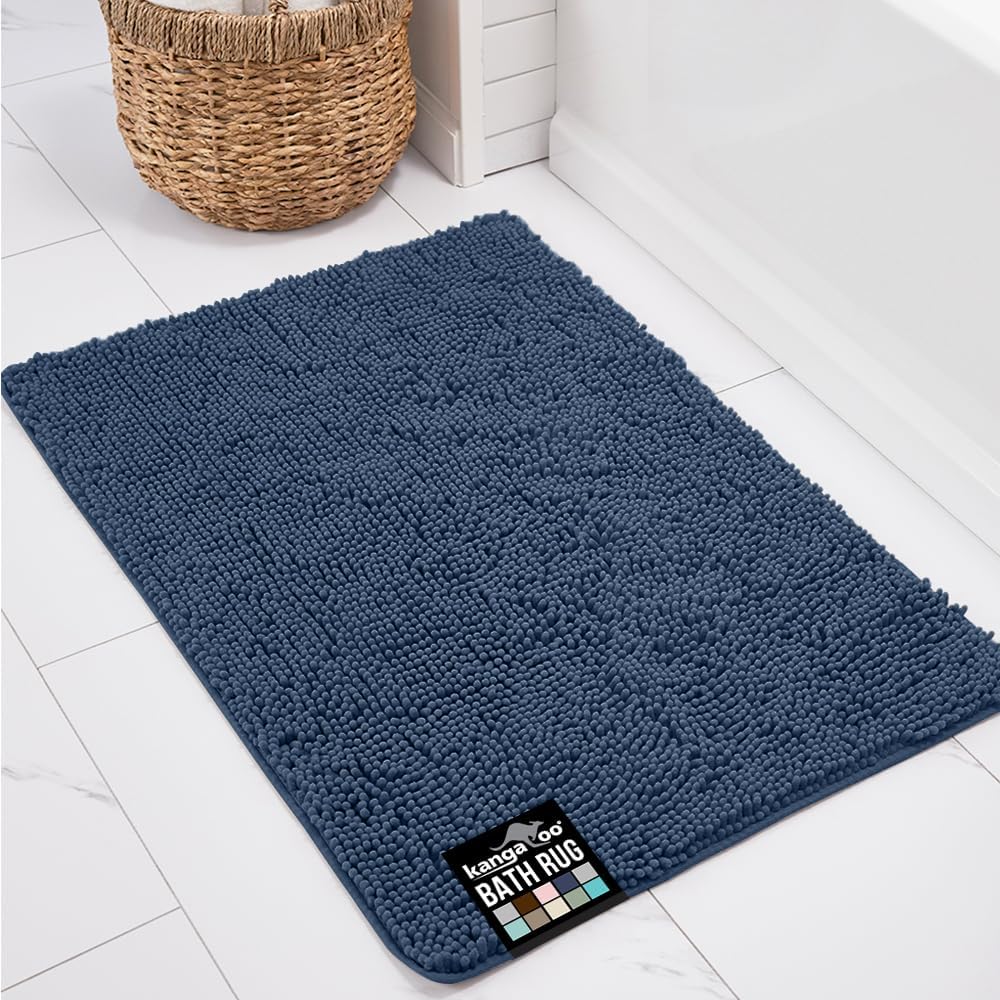 KANGAROO Bathroom Rugs, Chenille Soft Absorbent Bath Rug, Shaggy Shower Mat, Quick Dry Machine Wash Bathmat, Plush Carpet Mats for Tub, Bathtub and Room Home Decor Accessories, 30x20, Navy