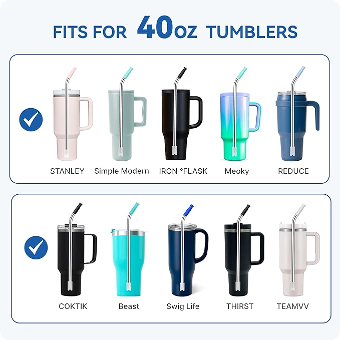 Reusable Stainless Steel Straws with Silicone Tip for Stanley 40oz, Metal Drinking Straws for 40oz Tumbler,3 Bent Tubes & 6 Tips& 1 Cleanr Brush (Vivid Violet)