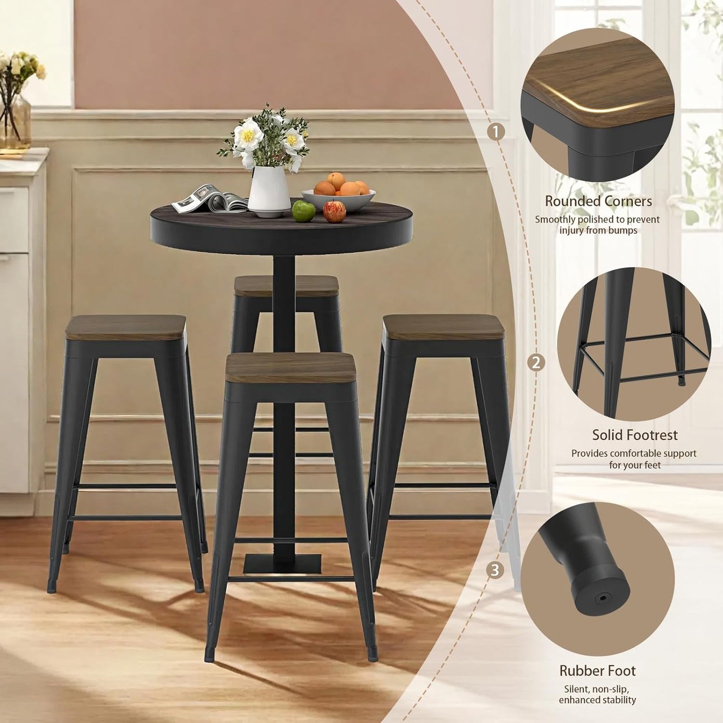 26 inch Backless Bar Stools Set of 4, Indoor Metal Bar Stools with Wood Seat, Industrial Counter Height Barstools for Kitchen Island, Black
