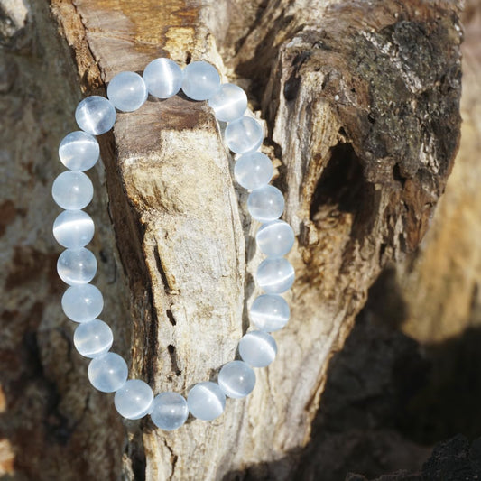 Natural Selenite Bracelet 8mm | Aqua Blue | Crown Chakra Crystal with Cat-eye Effect | Handmade Meditation Healing Bracelet for Women Men | Beading Tool Kit - Fits for 6.5-7.5 inch Wrist Size