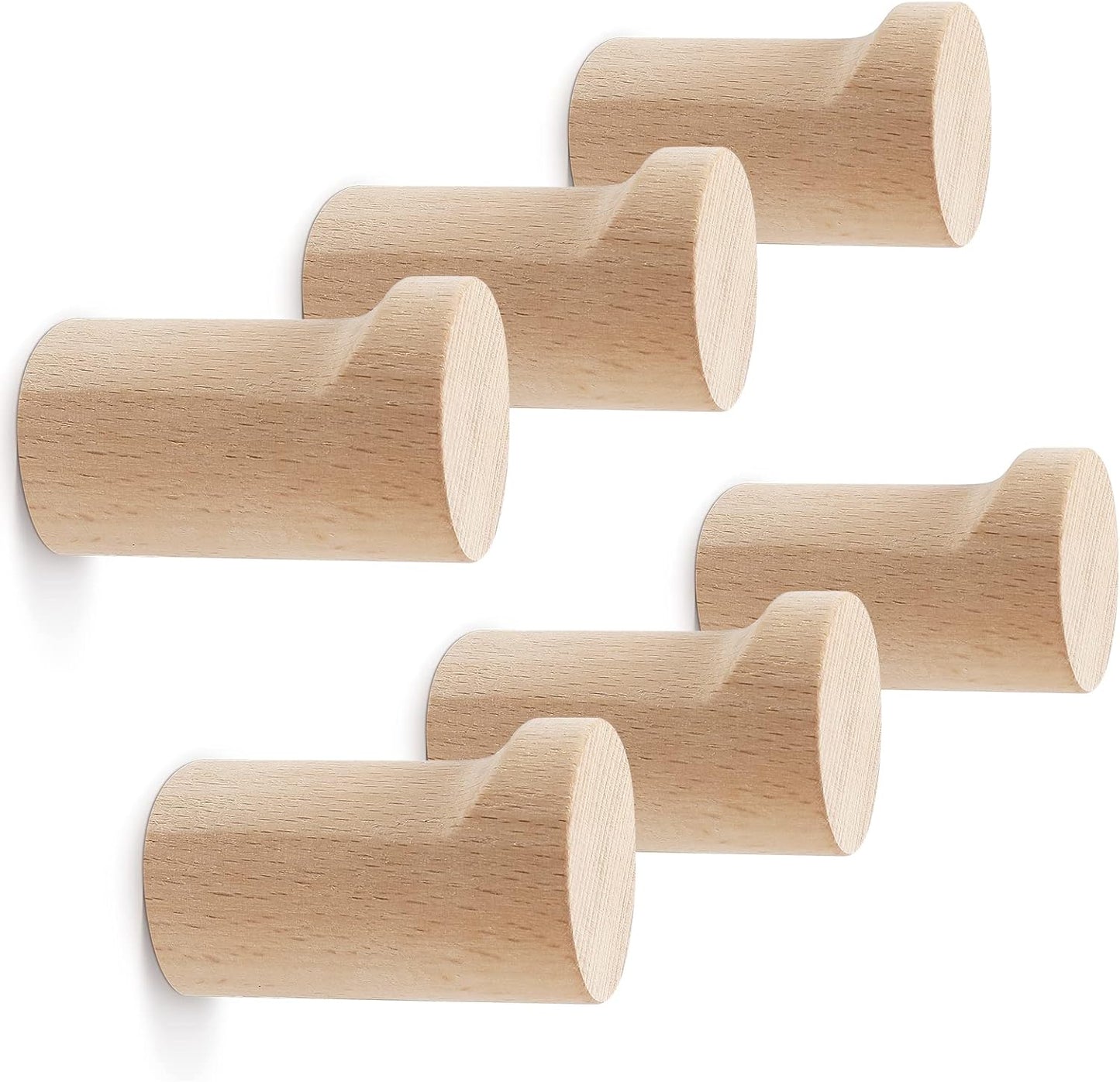 Wood Wall Hooks 6 Pack, Natural Wooden Coat Hooks Wall Mounted, Handmade Rustic Hat Hooks Heavy Duty Entryway Wall Hangers for Hanging Towels, Clothes, Bags (Beech Wood)
