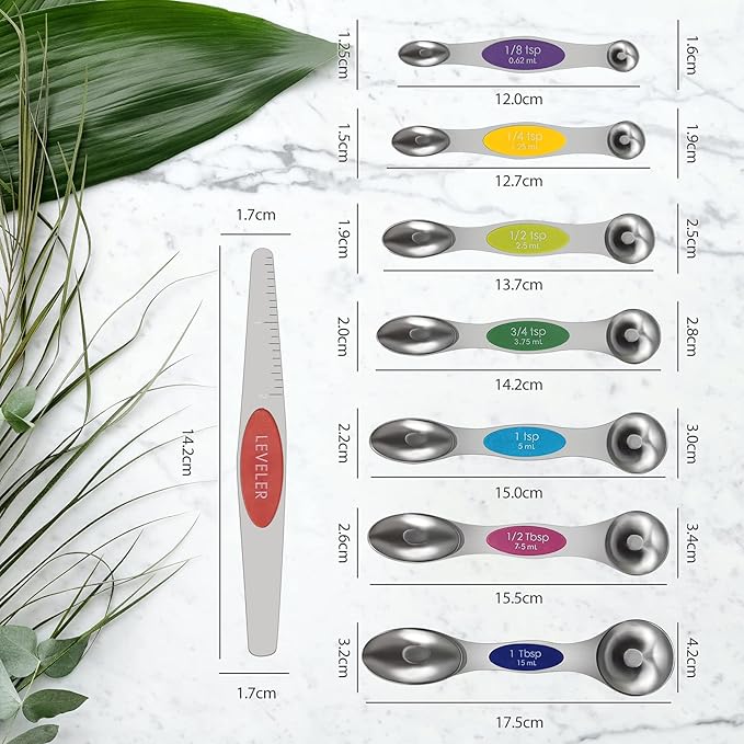 16PCS Magnetic Measuring Spoons and Measuring Cups Set, 7 Double-Sided Spoons& 1 Leveler and 8 Measuring Cups, Multicolor, Stainless Steel, Fits Spice Jars, Large Capacity Measurement