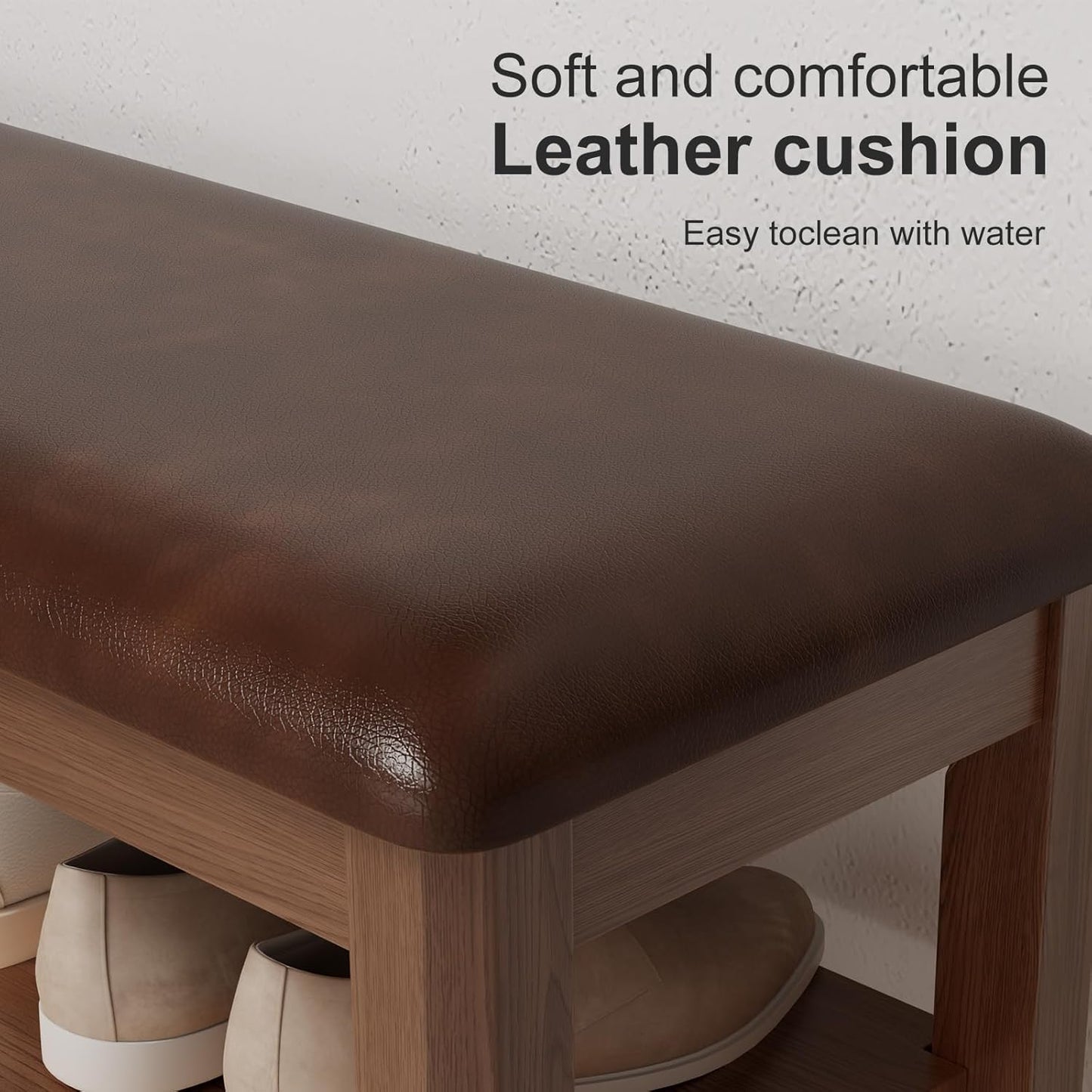 Wood Shoe Rack Bench for Entryway, Shoe Rack for Front Door Entrance with Leather Cushion, 2 Tier Shoe Bench with Shoe Storage for Entryway, Bedroom.