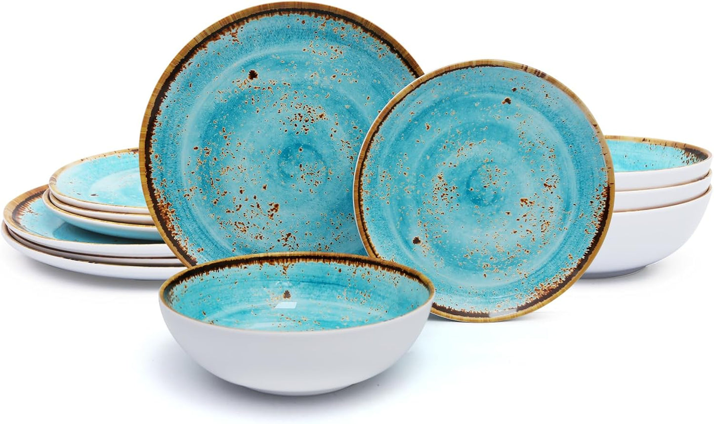 TP 12-Piece Dinnerware Set, Melamine Dishes Set with Bowls and Plates, Non-breakable and Lightweight Dinner Service for 4, Turquoise Swirl