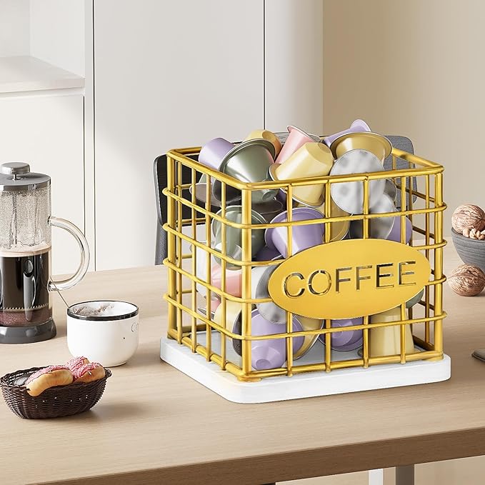 Coffee Pod Holder for K Cup, Large Capacity Coffee Pod Organizer, Versatile Coffee Capsule Storage Basket with Wooden Base, Gold and White KH10DW