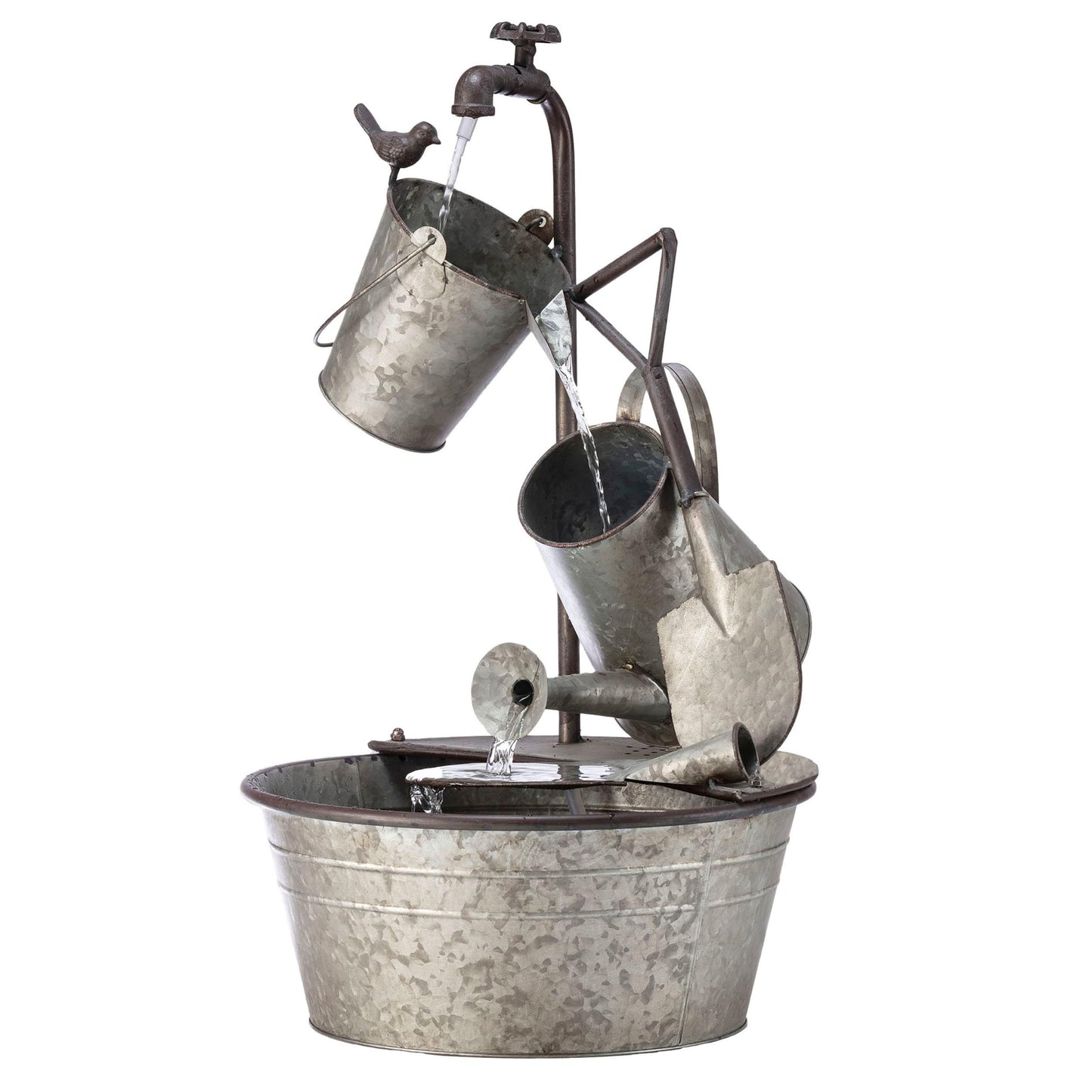 Alpine Corporation YHL106 Outdoor Floor 3-Tiered Metal Garden Tools Water Fountain, Tools and Faucet Waterfall, 28", Gray