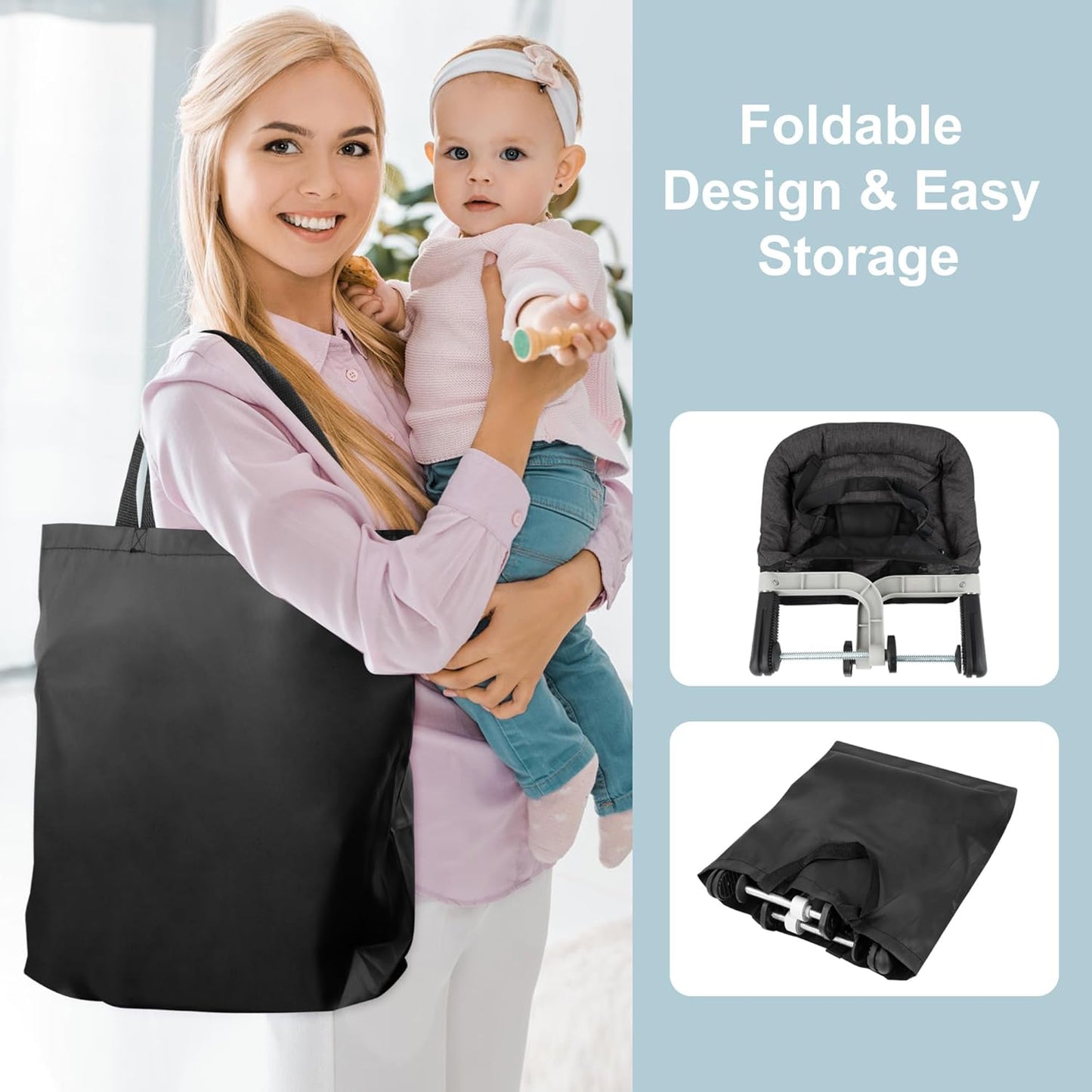 Hook On High Chair, Jozzve Baby High Chair, Portable High Chair for Travel, Foldable Fast Table Chair with Storage Bag, Baby Feeding Seat Clip On High Chair for Home and Travel (Brown)
