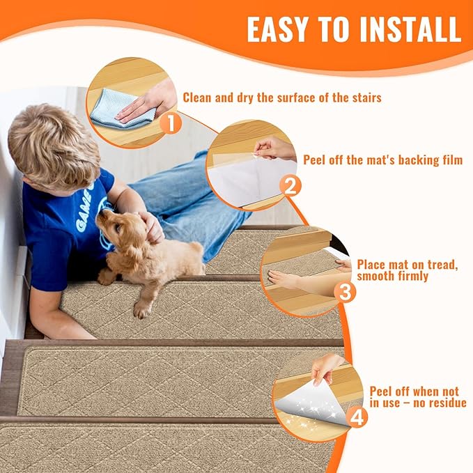 Stair Treads Non-Slip for Wooden Steps, 15Pack - 8" x 30" Edging Stair Runner Indoor for Kids Elders & Pets, Washable Carpet Stair Treads with Peel & Stick Reusable TPE Backing, Beige