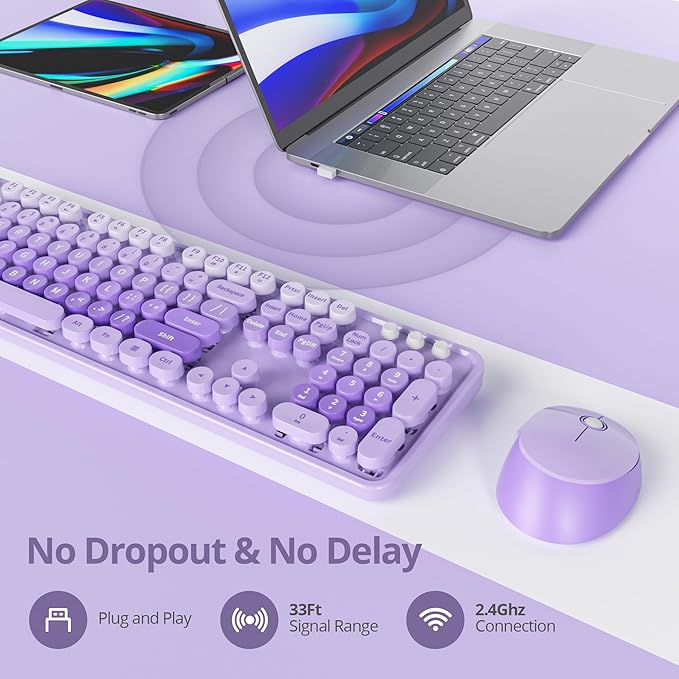 Wireless Keyboard and Mouse Set, Retro Typewriter Keyboards, 2.4GHz Full Size 104-Key Cute Keyboard with Number Pad, Colorful Keyboard with Round Keycaps for Windows PC Laptop(Purple)