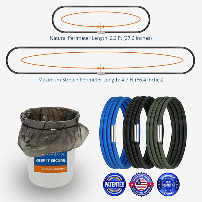 Trash Can Rubber Bands Fit 8 to 32 Gallon Cans, Hongmed Garbage Elastic Bands for Kitchen/Office/Garage, Trash Bag Holder Straps Set of 3 in Black, Blue, and Green