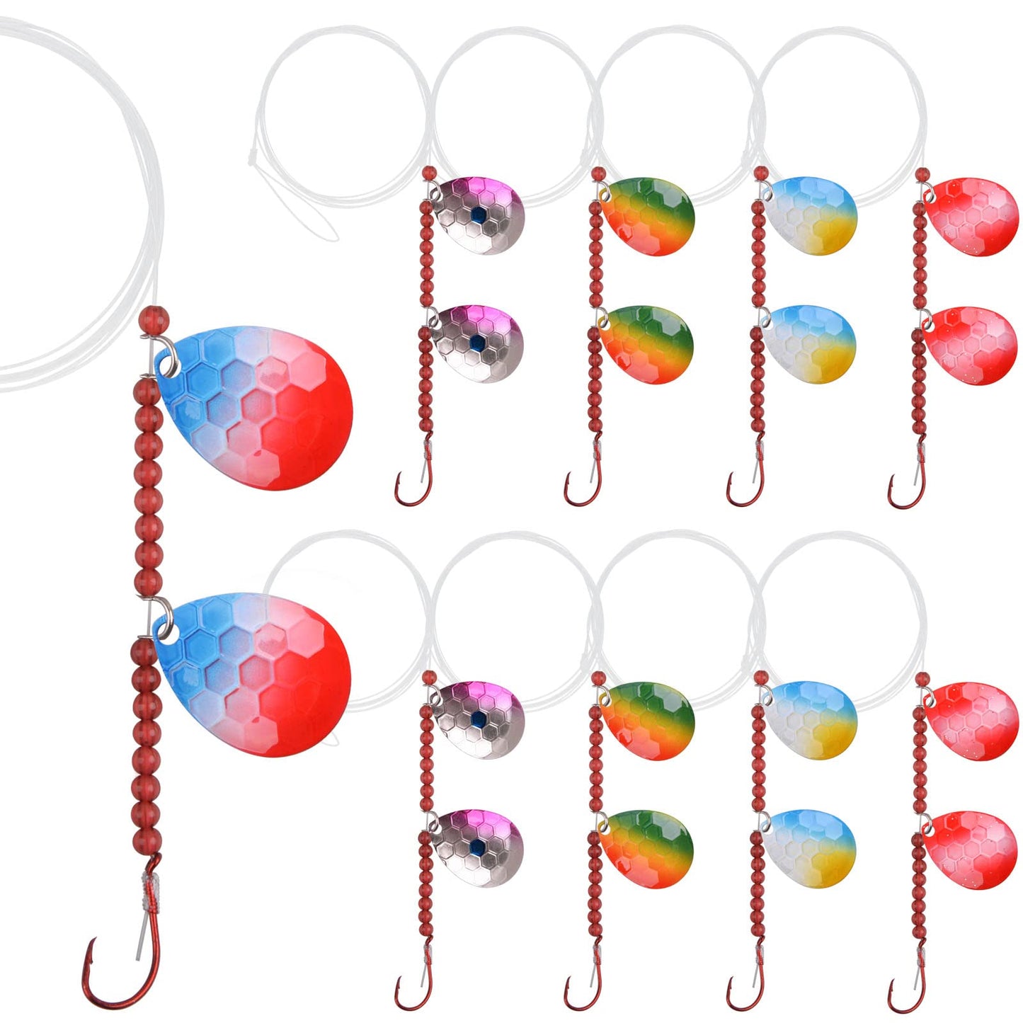 JSHANMEI 10 Pack Walleye Spinner Rig Kit - Crawler Harness Live Bait Rigs with Colorado Spinner Blades, Octopus Hooks - Fishing Lure Making Kit for Walleye, Trout, Bass, Muskie