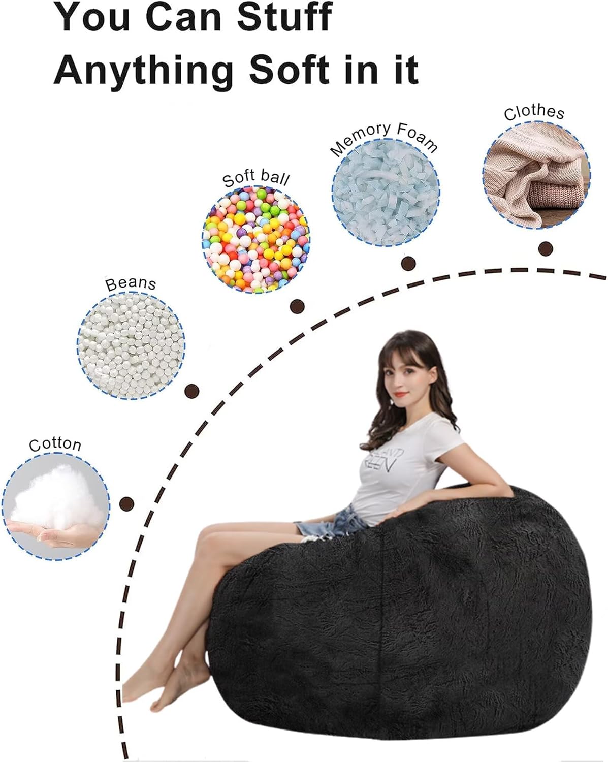 Bean Bag Chair for Adults Kids Without Filling Comfy Fluffy Oversized Round Beanbag Chair Lazy Sofa Cover for Reading Chair Floor Chair, 3.5FT, Brown