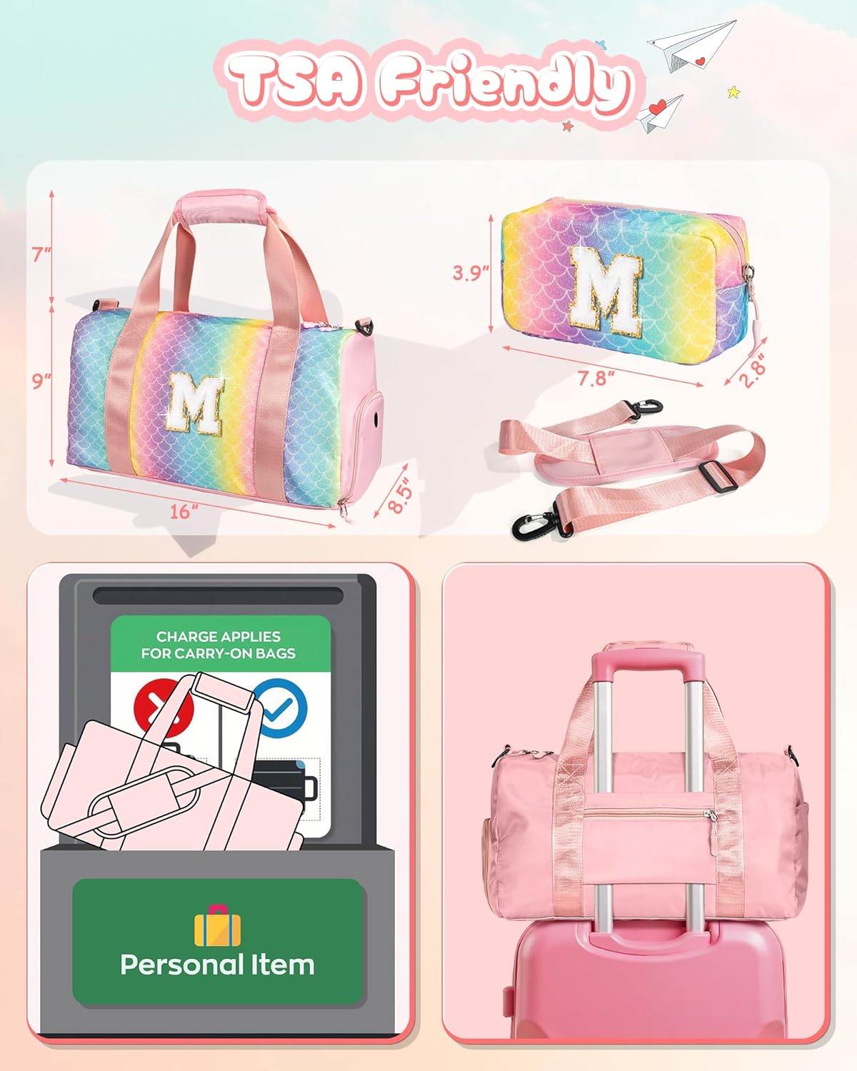 Easter Gifts for Teens Girls-Girl Gym Bag with Shoe Compartment, Kid Personalized Weekender Overnight Bags, Initial Travel Tote with Makeup Pouch, Gift for 3 4 5 6 7 Year Old Kids (Letter T)