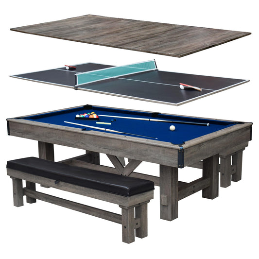 Hathaway Logan 7 Foot Pool Table Combo with Benches – Billiard Table with Ping Pong and Dining Tops – Comes with Complete Game Accessories and Built-In Storage - Rustic Gray Barnwood Finish, Blue Felt