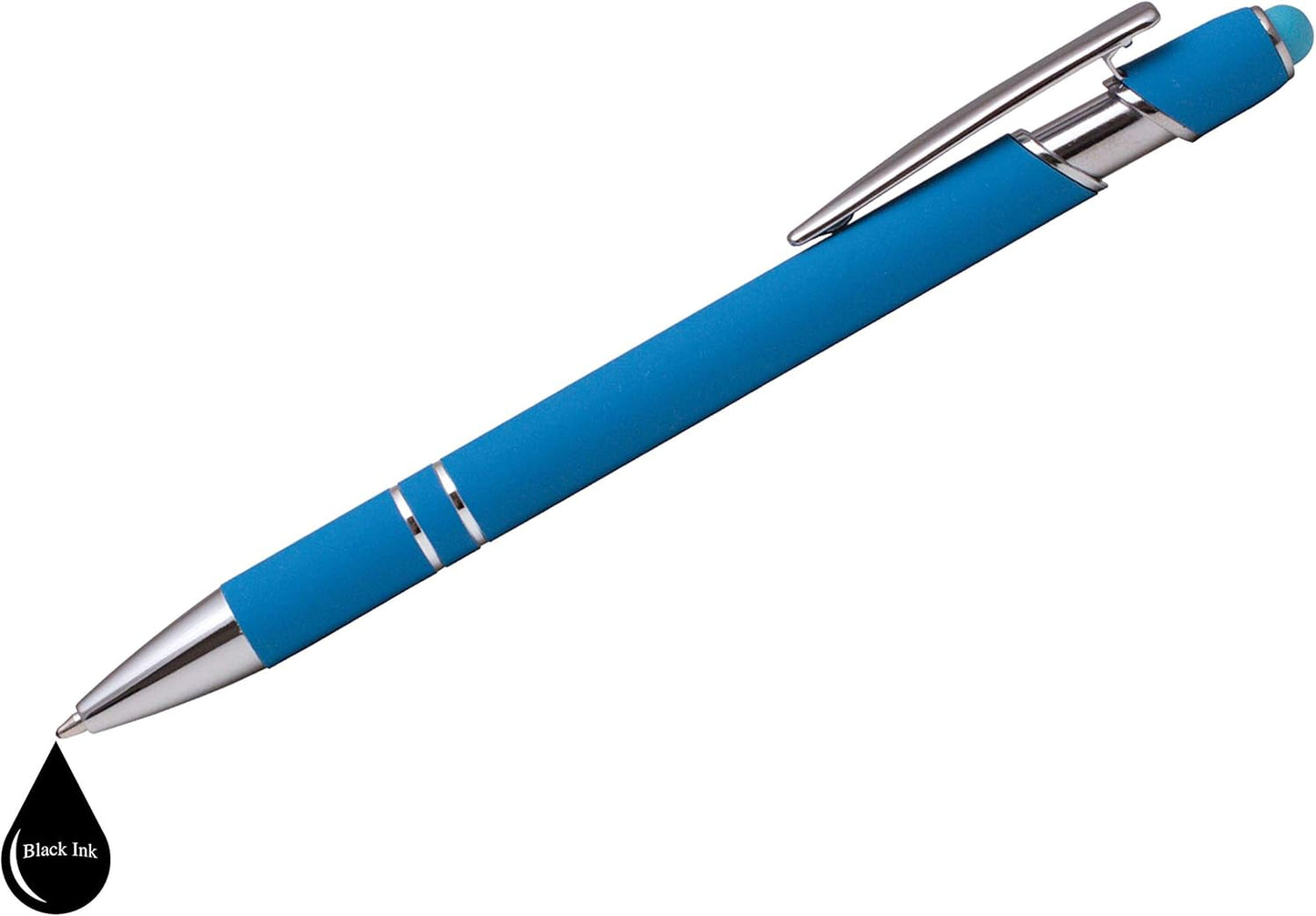 ExpressDesigns™ - Premium Custom Pens with Stylus | Burst of Color | Personalized Soft Touch Metal Printed Name Pens w/Black Ink - Imprinted w/Logo or Message - 12 pcs/pack (Light Blue)
