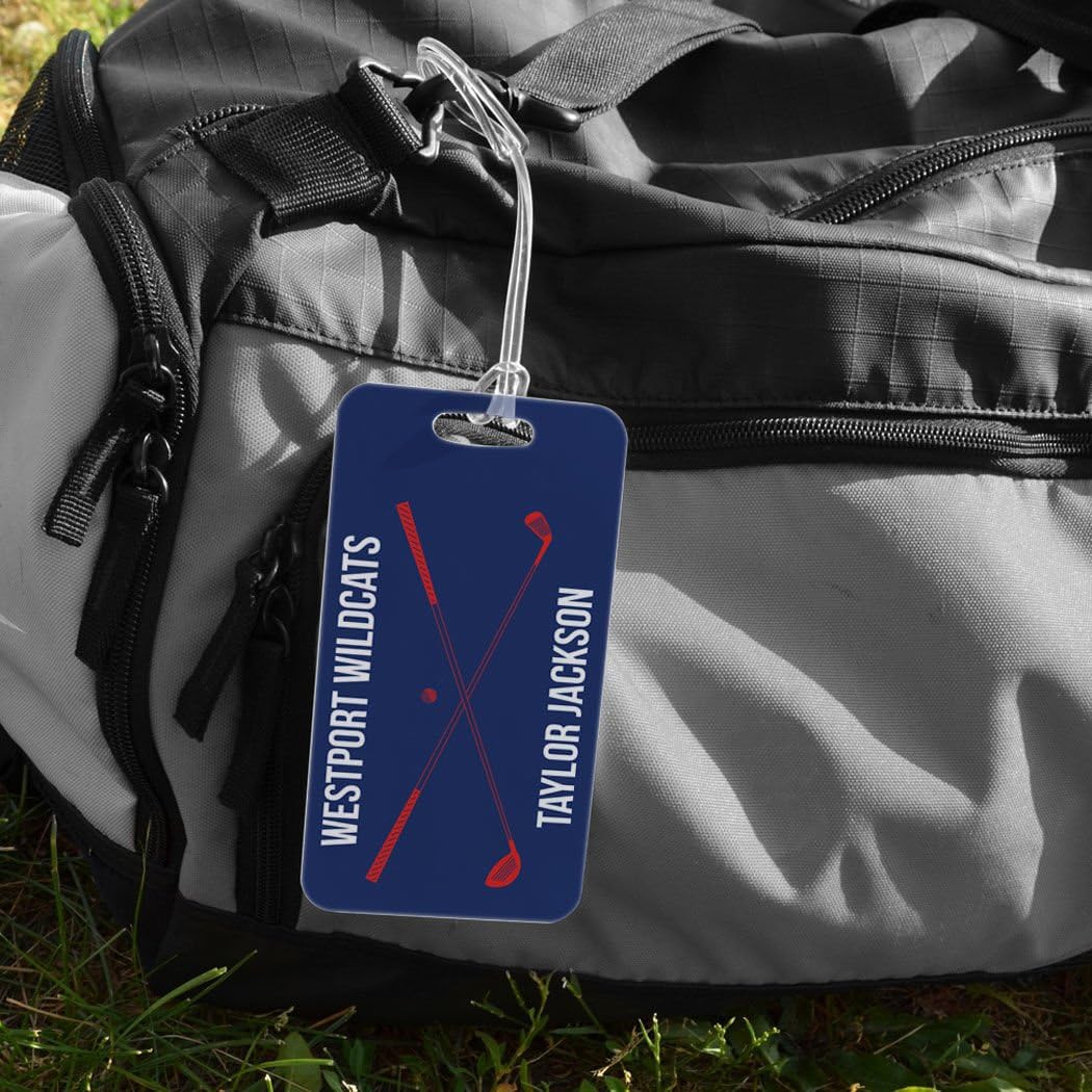 ChalkTalkSPORTS Golf Luggage & Bag Tag | Personalized Crossed Golf Clubs | Standard Lines on Back | Large | Navy/Red