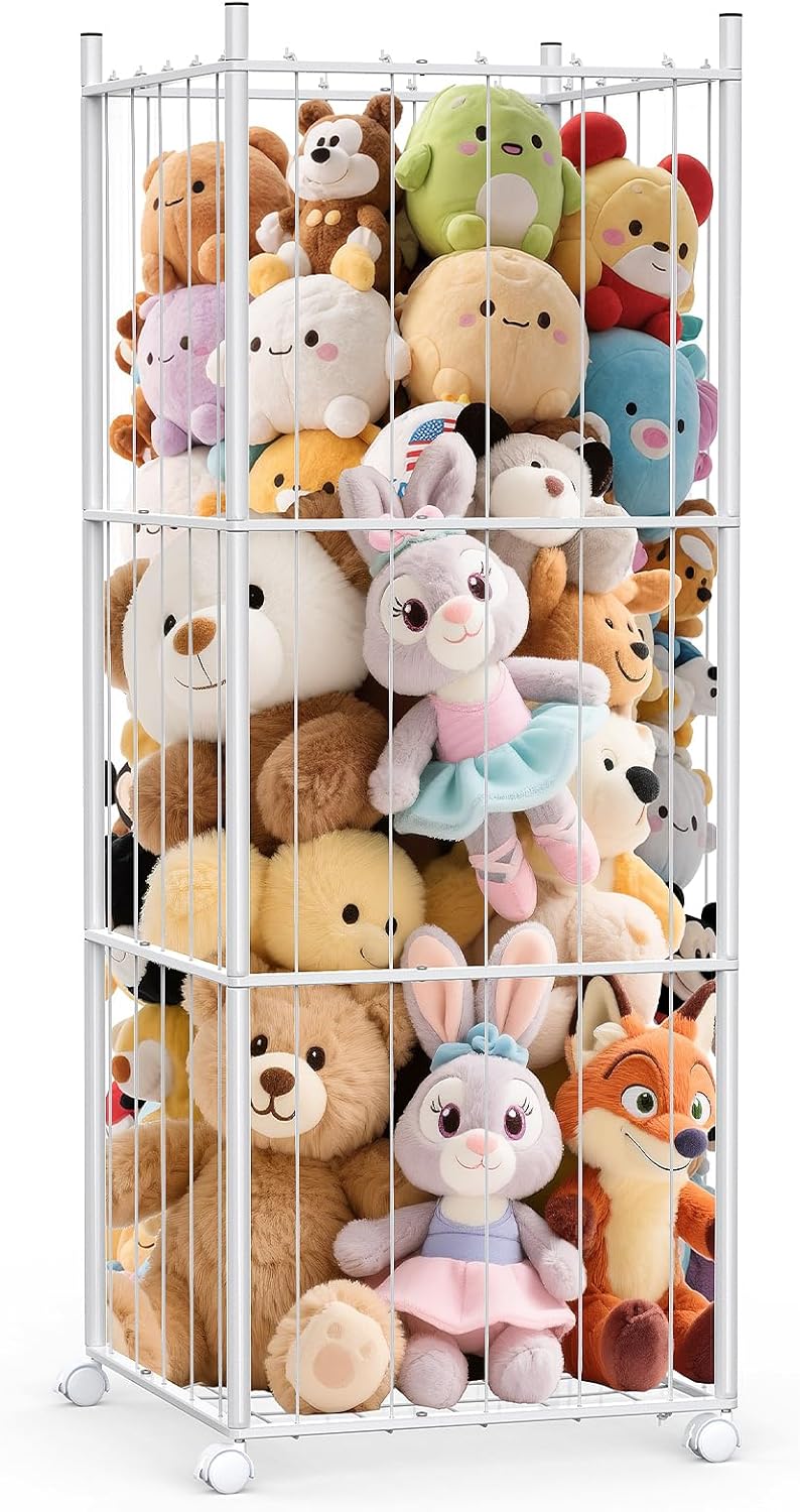GoKEDA Stuffed Animal Storage,Extra Large Metal Stuffed Animals Storage Tower,Heavy Duty Stuffed Animal Holder with Elastic Plushies Storage Organizer for Nursery,Kids Room,Playroom (White)