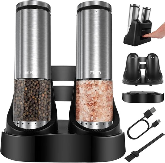 Electric Salt and Pepper Grinder Set Rechargeable, External Adjustable Coarseness, Automatic Salt & Pepper Shakers Mills, Kitchen Gadgets,Stocking Stuffers Christmas Cooking Gifts for Adults Men Women