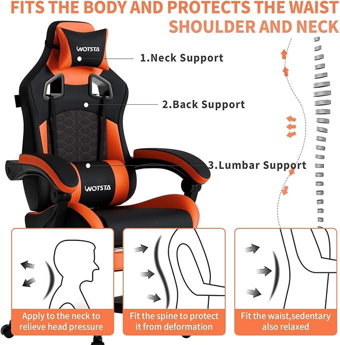 Gaming Chair with Massage,Ergonomic PC Gaming Chair with Footrest Comfortable Headrest and Lumbar Support,High Back Game Chair PVC Leather,300LBS (Black&Orange)