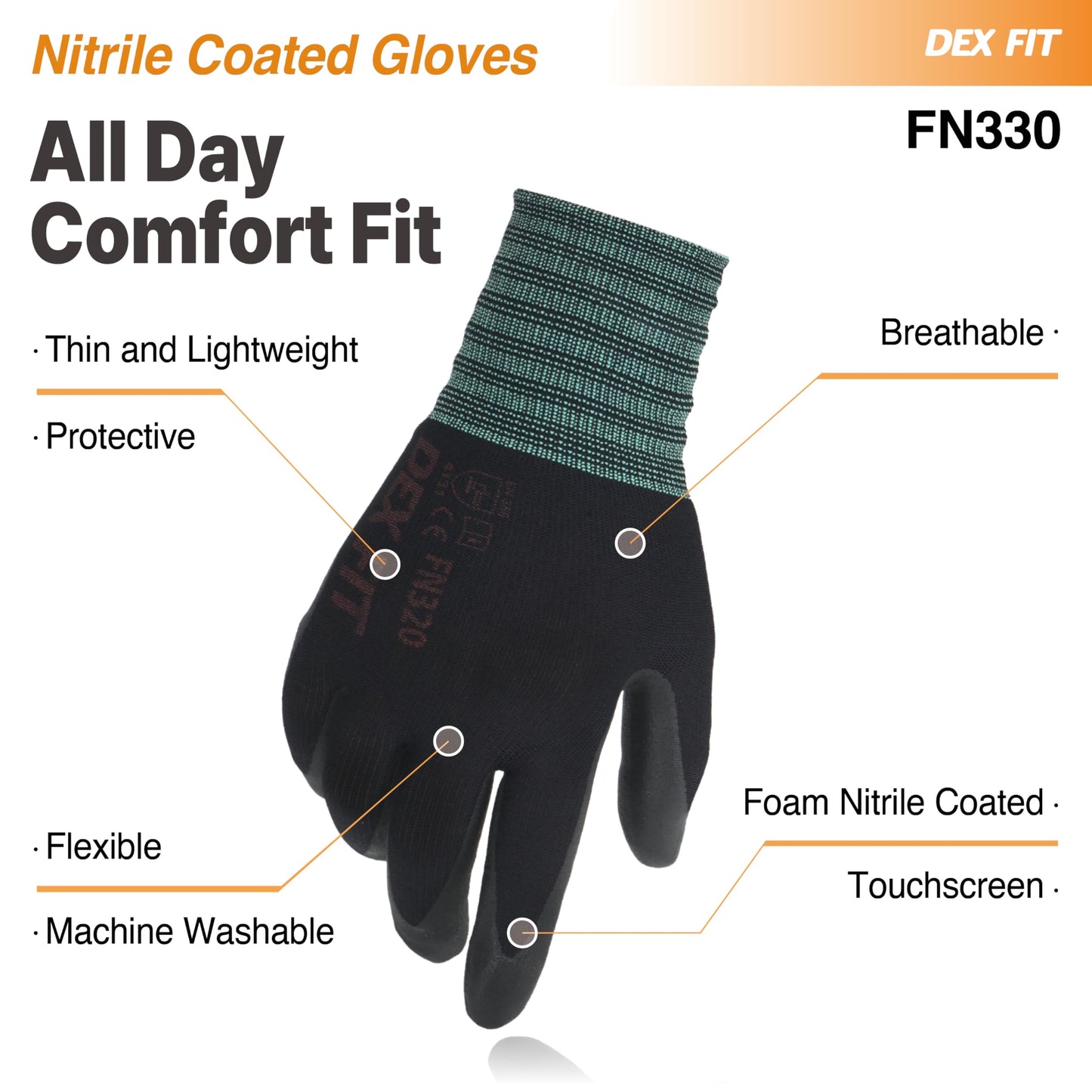 DEX FIT Nitrile Work Gloves FN330, 1 Pair, 3D-Comfort Stretchy Fit, Firm Grip, Thin & Lightweight, Touch-Screen Compatible, Durable, Breathable & Cool, Machine Washable; Black L (9)