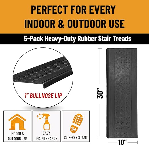 Ottomanson Outdoor Bullnose Stair Treads – Coin Heavy-Duty Non Slip Stair Mats – Strong Grip for Concrete, Brick & Textured Steps – Requires Fastening on Wooden & RV Steps, Pack of 5
