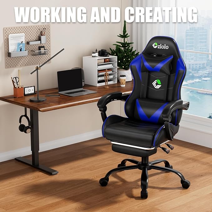 Gaming Chair with Footrest Racing Style Lumbar Support Massager Video Game Chair with Metal Legs, High Back Reclining Gamer Chair with Headrest, 360° Swivel Office Computer Desk Chair (Blue)