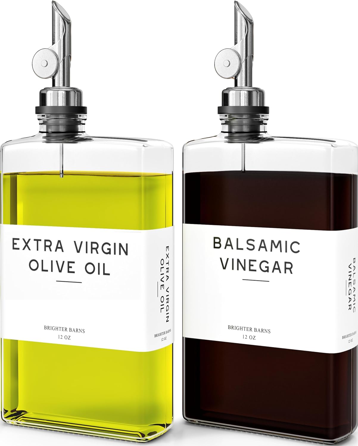 Glass Olive Oil Dispenser Bottle for Kitchen by Brighter Barns - Oil and Vinegar Dispenser Set, Coffee Syrup Bottles - Modern Decor for Restaurants, Coffee Station Accessories (Clear/Silver, Set of 2)