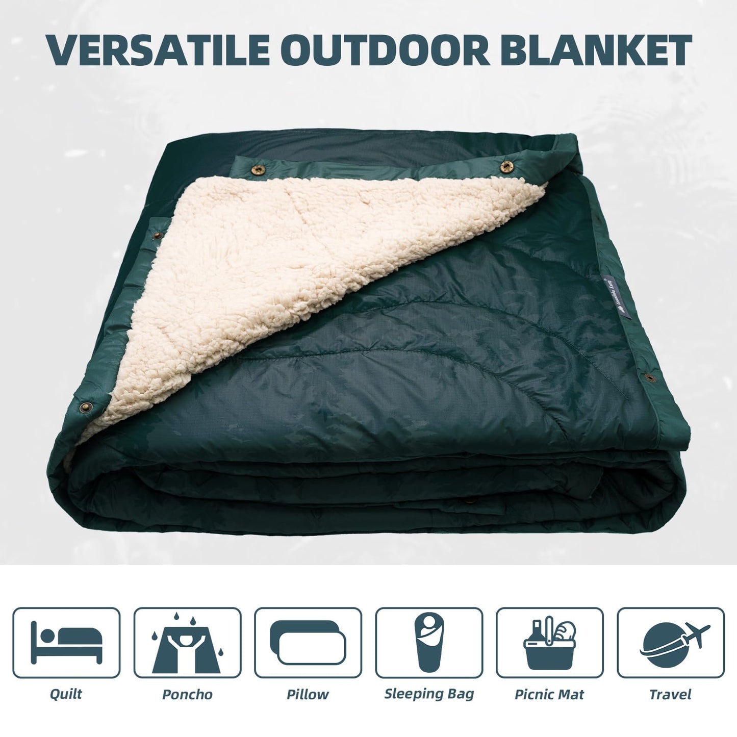KawaGebo Kamp Outdoor Camping Blanket with Sherpa Lining, Extra Warm Thick Camp Blankets and Puffy Ultralight Soft Poncho DWR Camping Quilt for Cold Weather, Adventure, Sleeping, Backpacking 78"x 56"