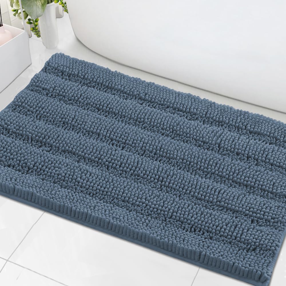 H.VERSAILTEX Bath Mats for Bathroom Non Slip Thick Chenille Striped Bath Rug Absorbent Fluffy Soft Shaggy Rugs Washable Dry Fast Plush Mats for Indoor, Bath Room, Tub - 24" x 36", Blue Indigo