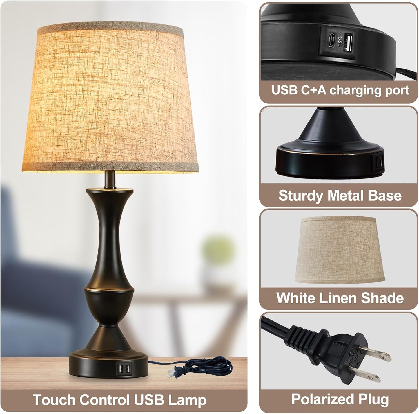 Upgraded Touch Table Lamps Set of 2, 22" Tall Bedside Lamps with USB C+A Ports, 3 Way Dimmable Nightstand Lamps for Bedroom, Living Room, Office, Black Lamp with Beige Lampshade, Bulb Included