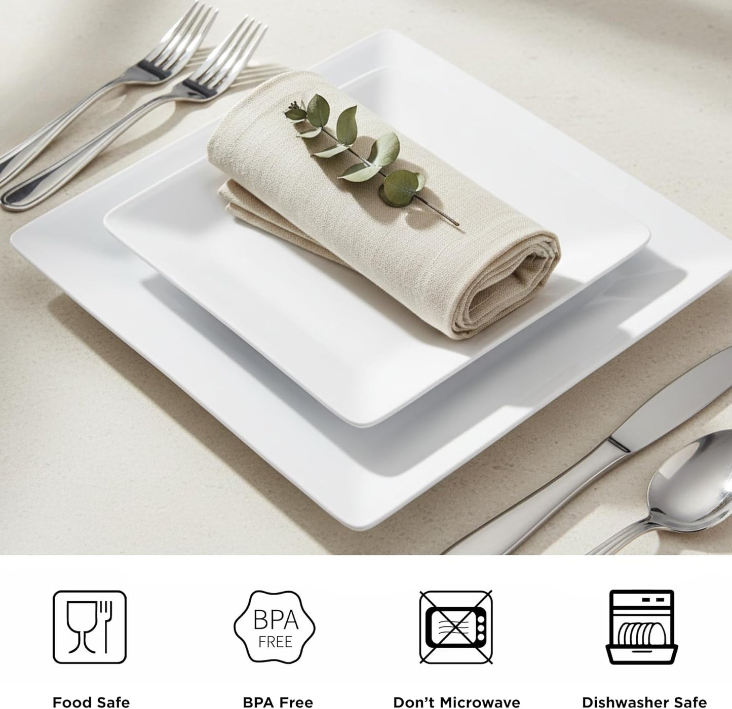 TP 12-Piece Dinnerware Set, Melamine Dishes Set with Bowls and Plates, Non-breakable and Lightweight Square Dinner Set for 4, White