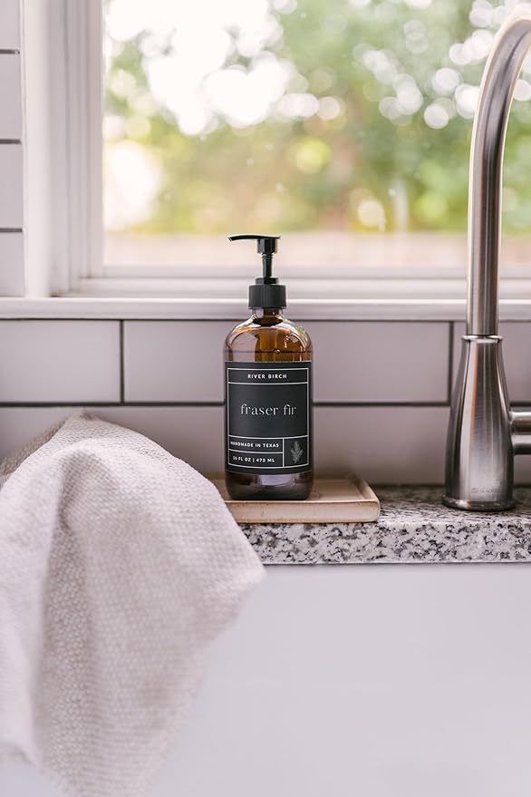 River Birch Fraser Fir Scented Natural Hand Soap - Handmade Soap - Moisturizing Hand Wash with Amber Glass Dispenser - Luxury Scented Hydrating Hand Soap - Vegan and Non-Toxic -16 Fl Oz