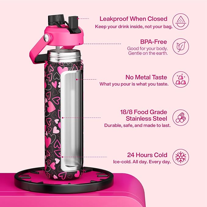 ENCOOL Valentine's Day Insulated Water Bottle with Straw Stainless Steel Water Bottle, Leak-Proof, BPA-Free, Keeps Cold for 24 Hours for Sports, Travel, School (26 oz, Sweet Hearts Pink x Black)