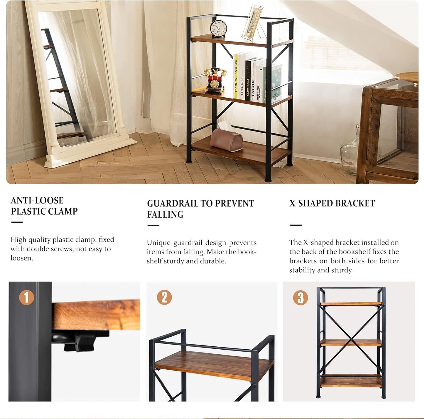Crofy Rustic Bookshelf, 3 Tier Real Wood Bookshelf, Metal Book Shelf for Storage, Black Bookcase, 12.6" D x 23.62" W x 36.61" H