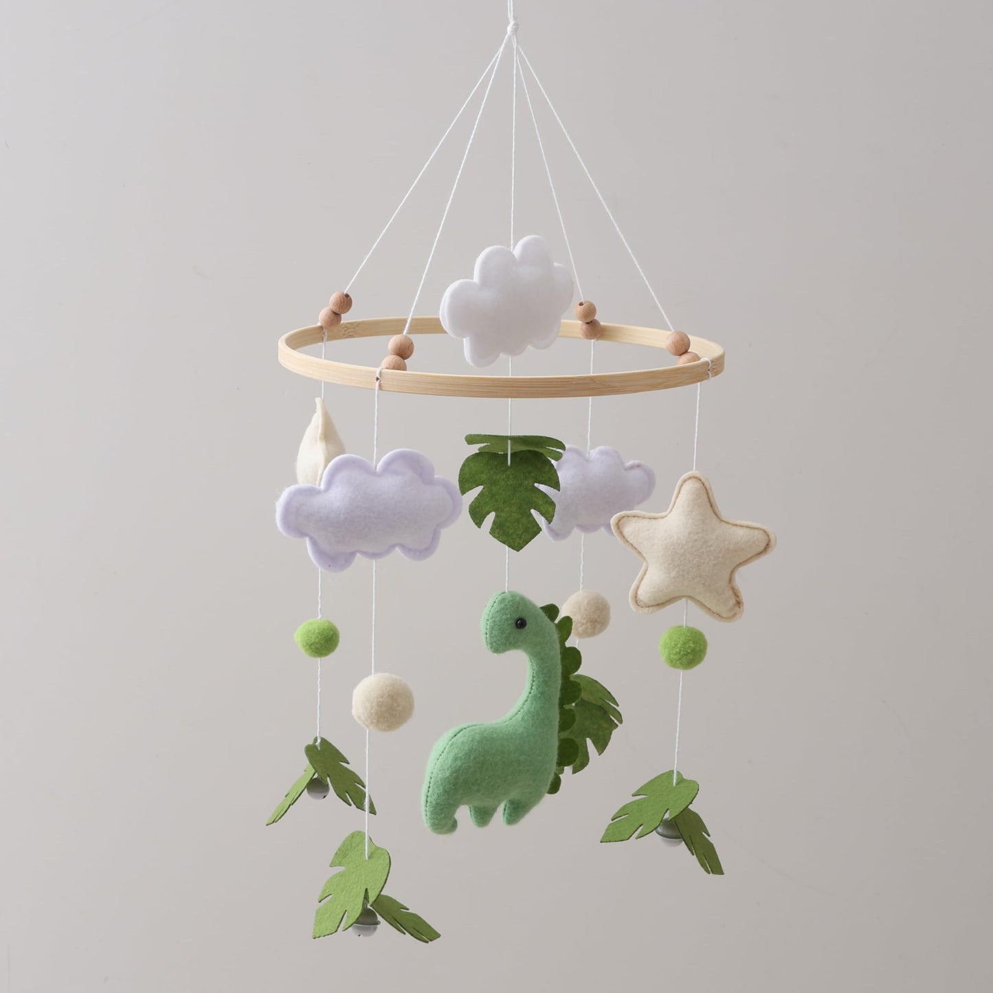 Mobile for Crib – Handmade Dinosaur Jungle Baby Mobile with Leaves & Stars, Baby Mobile for Crib Felt Hanging Toy Nursery Mobiles with Beech Wood Ring, Bassinet Mobile Dino Nursery Decor