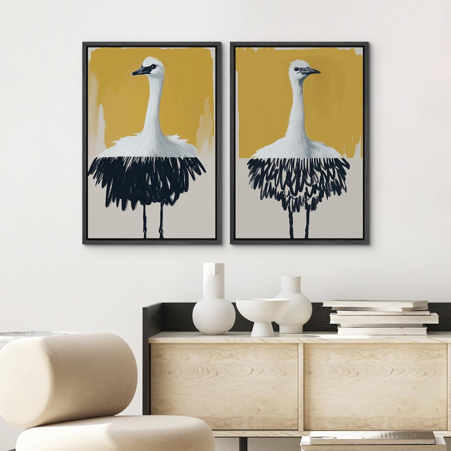 SIGNWIN Framed Canvas Print Wall Art Set Minimalist Crane Portrait Modern Bird Illustrations Modern Art Rustic Minimal for Living Room, Bedroom, Office - 24"x36"x2 Black