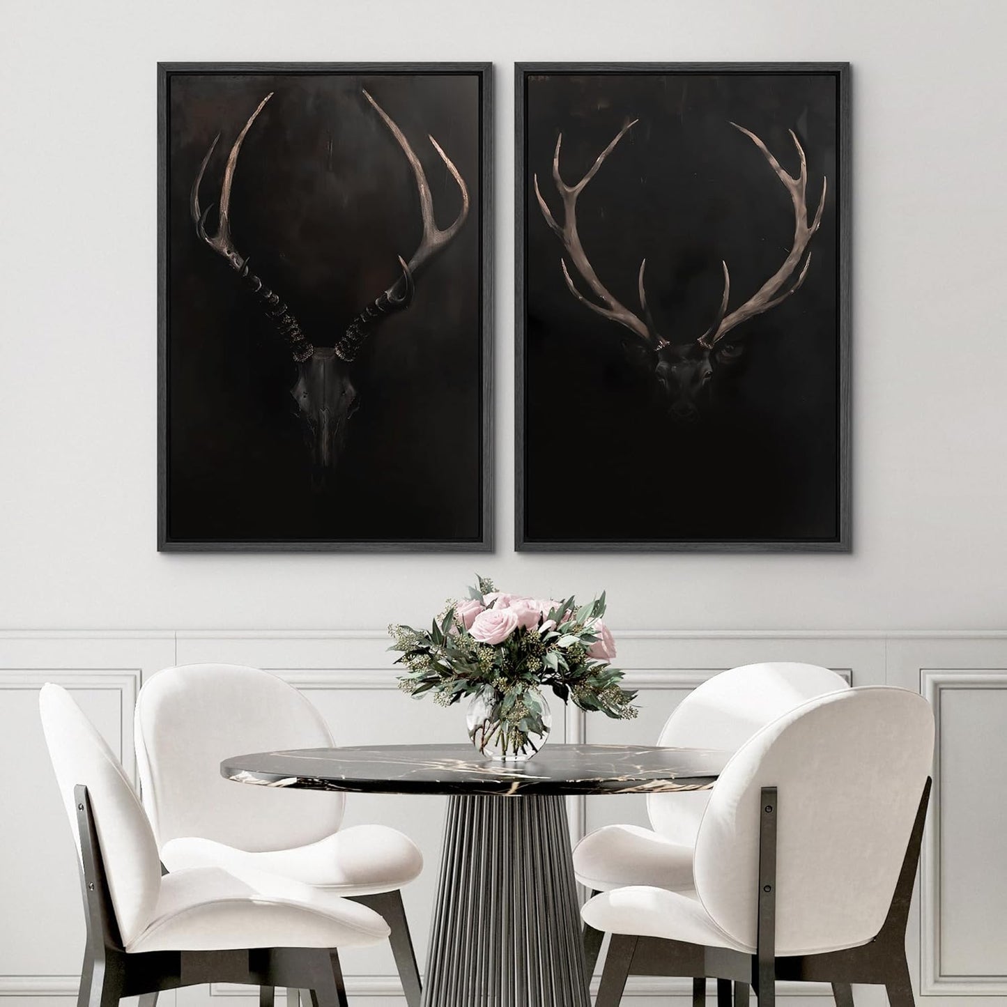 SIGNWIN Framed Canvas Print Wall Art Rustic Antler Skull Dark Dramatic Black Vintage-Inspired Deer and Elk Antlers Illustrations Decorative for Living Room, Bedroom, Office - 24"x36"x2 Black