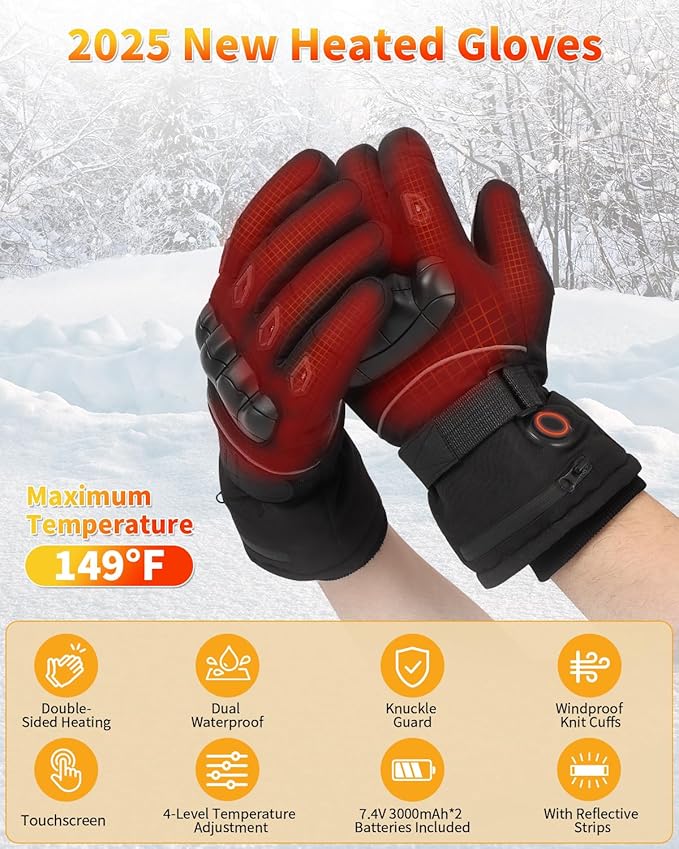 Heated Gloves for Men and Women, Full Hand Heating with Touchscreen, Dual Waterproof Warmer with 7.4V 3000mAh Battery, Electric Gloves for Winter Work Hunting Camping and Skiing