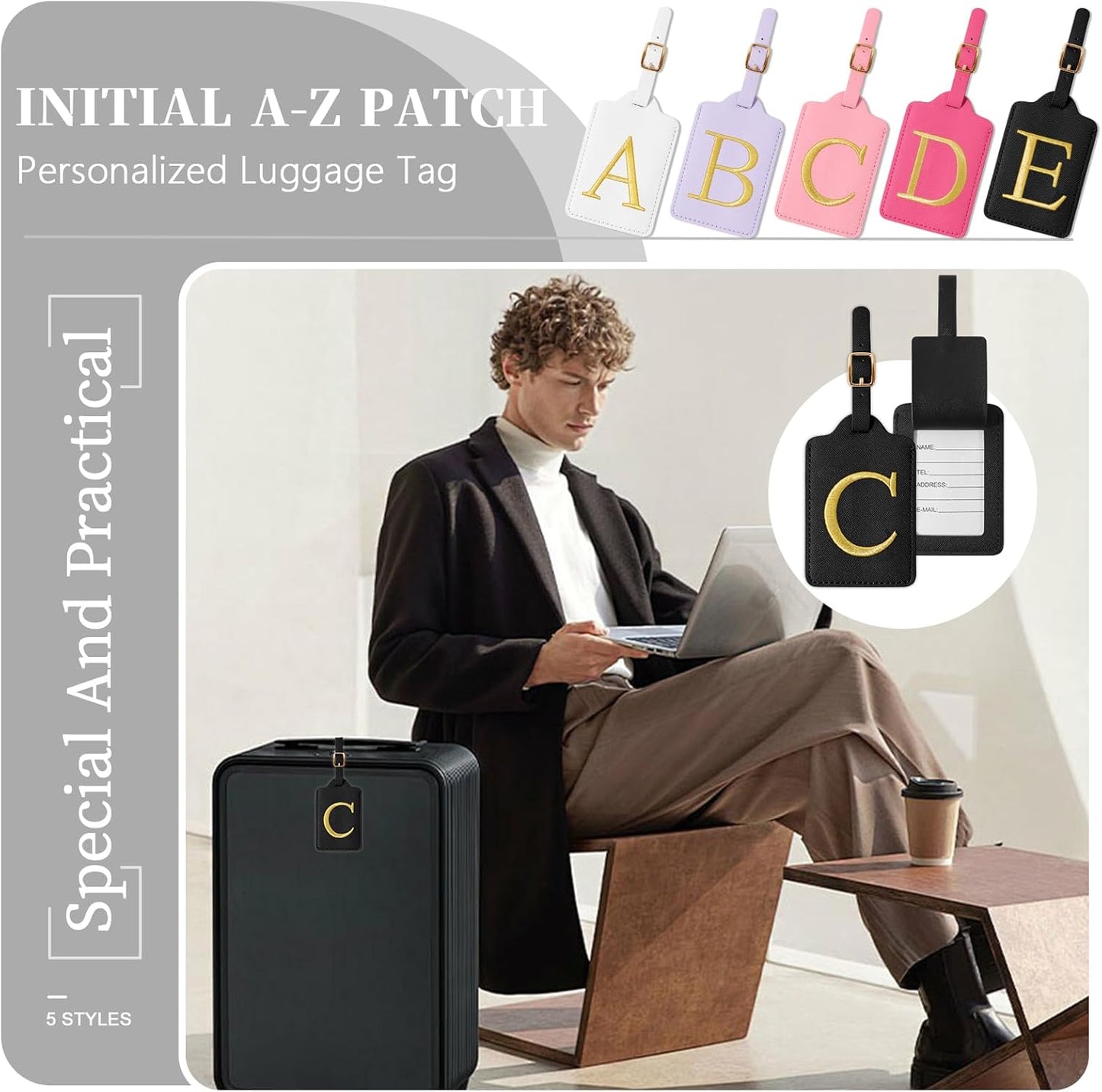 Personalized Initial Luggage Tags for Suitcase TSA Approved, Black Leather Cute Luggage Tag with Privacy Cover Name Card, Embroidered Custom Luggage Tags Travel Backpack Tags Gifts for Women Kids(C)