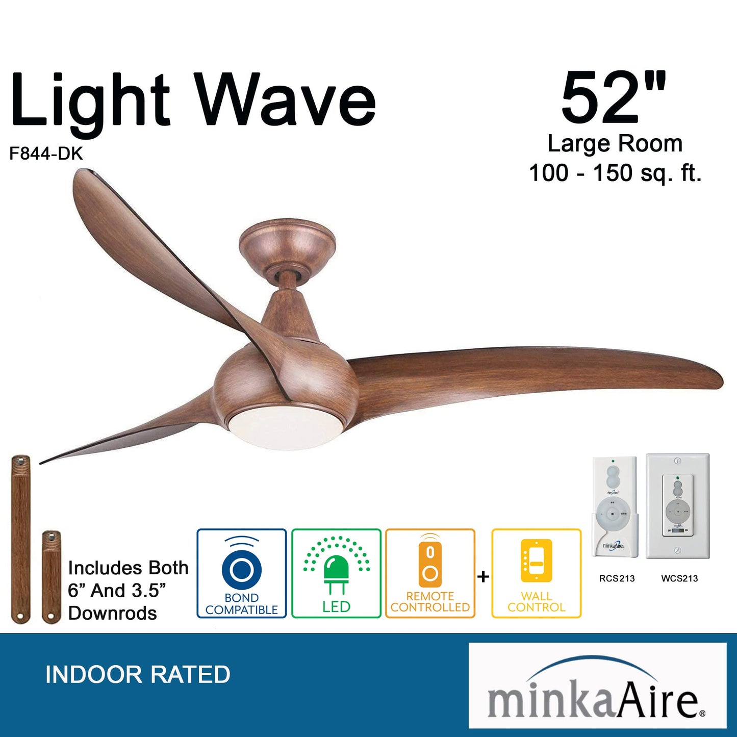 Minka-Aire F844-Dk Light Wave 52 Low Profile Ceiling Fan, Distressed Koa With Remote And Included Wall Control And 3.5 Downrod