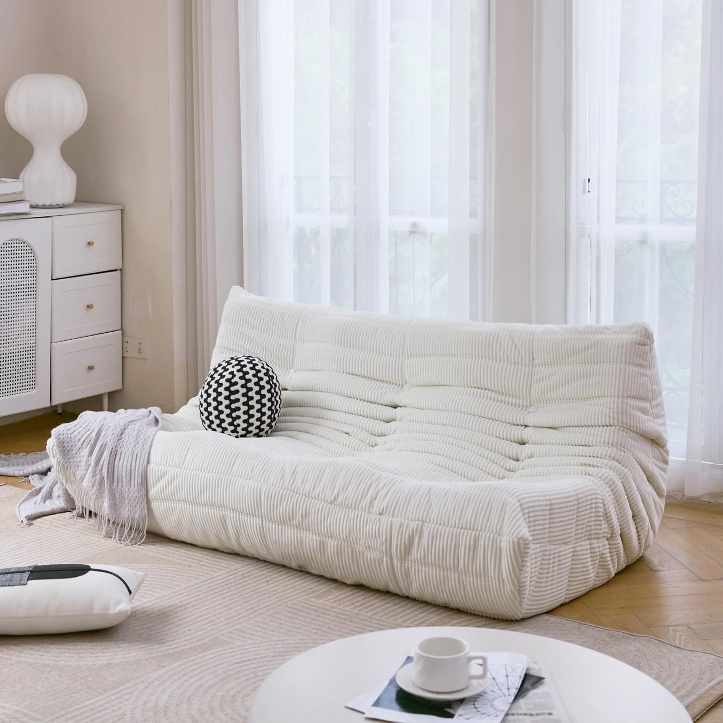 N&V Fireside Three Seater Sofa, Mid Century Armless Twin Size Floor Lounge Chair, Soft Premium Corduroy Accent Chair for Living Room, Bedroom (Ivory)
