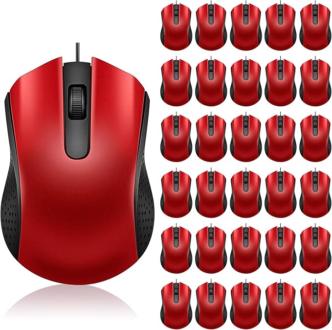 Bonuci 30 Pack USB Wired Mouse 3 Button Corded Computer Mice Bulk USB Mouse for PC Desktop, Laptop, Office, School, Classroom Use(Red)